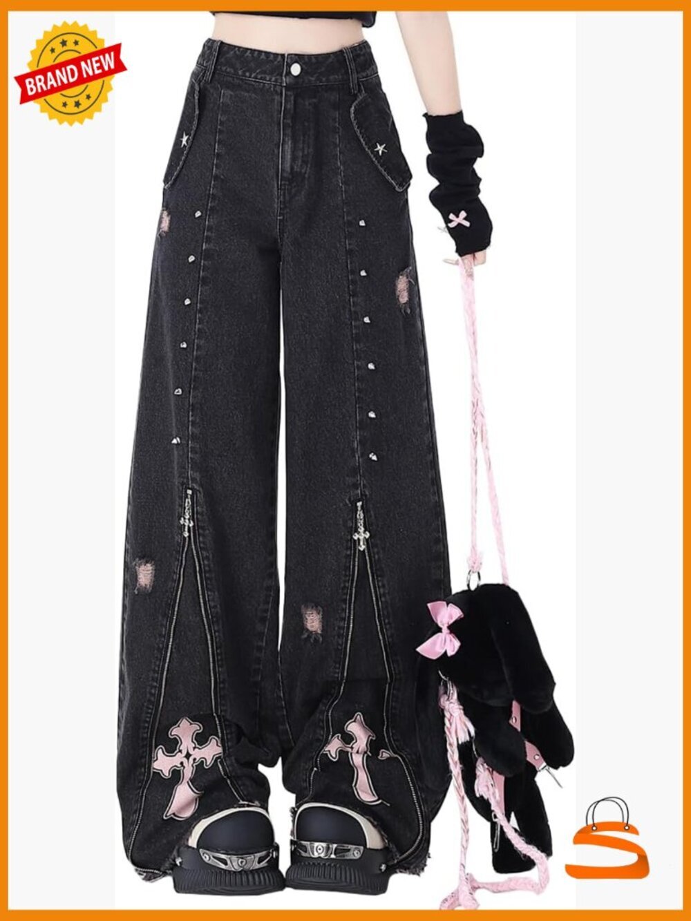 Harajuku High Waist Baggy Jeans Wide Leg Vintage Y2K Gothic Zipper Denim